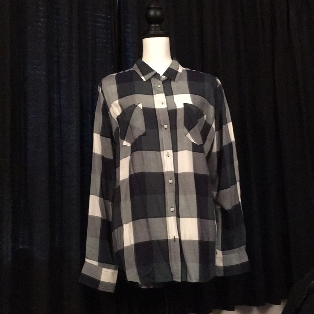 Green, gray, and white Plaid button down shirt.